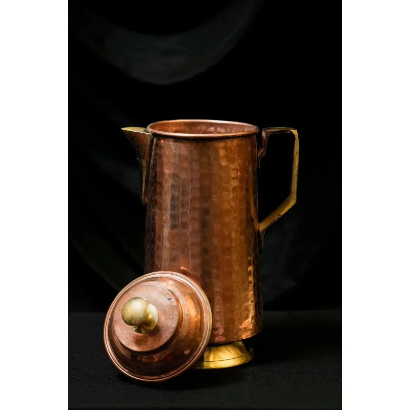 Vintage Brown Polished Copper Pitcher 1.5L with Lid and Handle Coffee Pot Style for Tableware