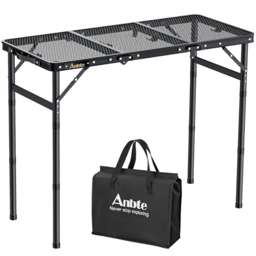 

Folding Grill Table for Outdoor Cooking BBQ Picnic, Aluminum, Black, Tri-Fold Mesh Desktop with Adjustable Height up to 27.5 an