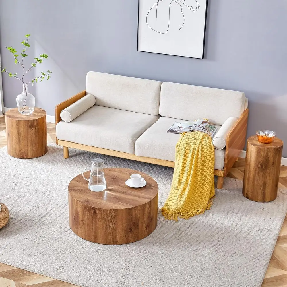 

3-Piece Wooden Drum Circle Side Table Set for Living Room, 27.5, 15.7, 12 - Wood Color
