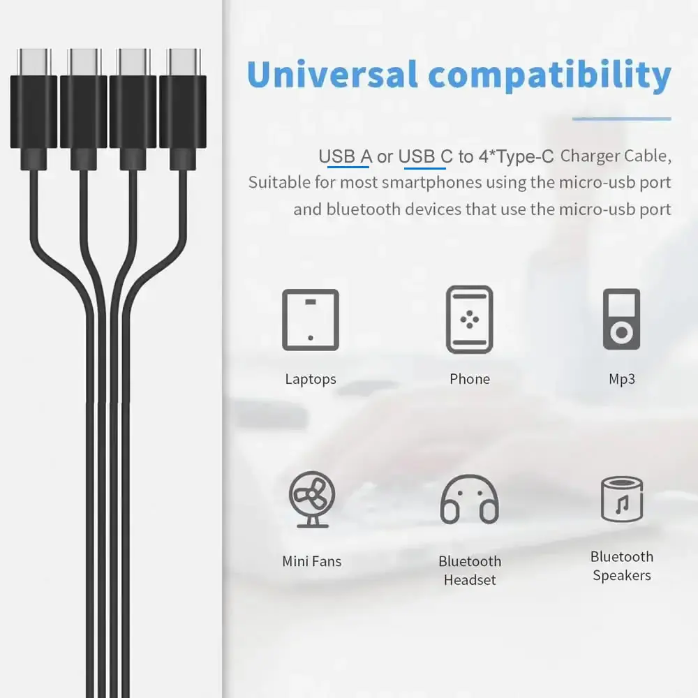 كابل شحن متعدد مقسم USB C، سلك شحن USB A/C إلى النوع C، مع 4 موصلات من النوع C للهواتف المحمولة والأجهزة اللوحية والمزيد