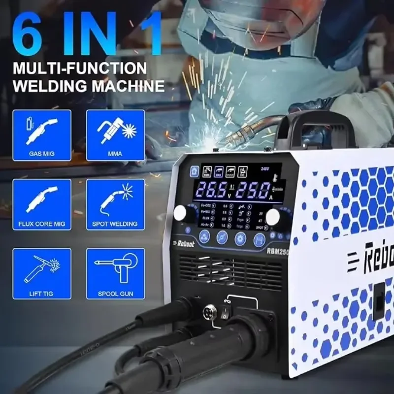 

250Amp 6 in 1 Gas/Gasless Flux Core MIG/Stick/Lift TIG/Spot welding/Spool Gun 120V/240V Aluminum Multi Process Welding