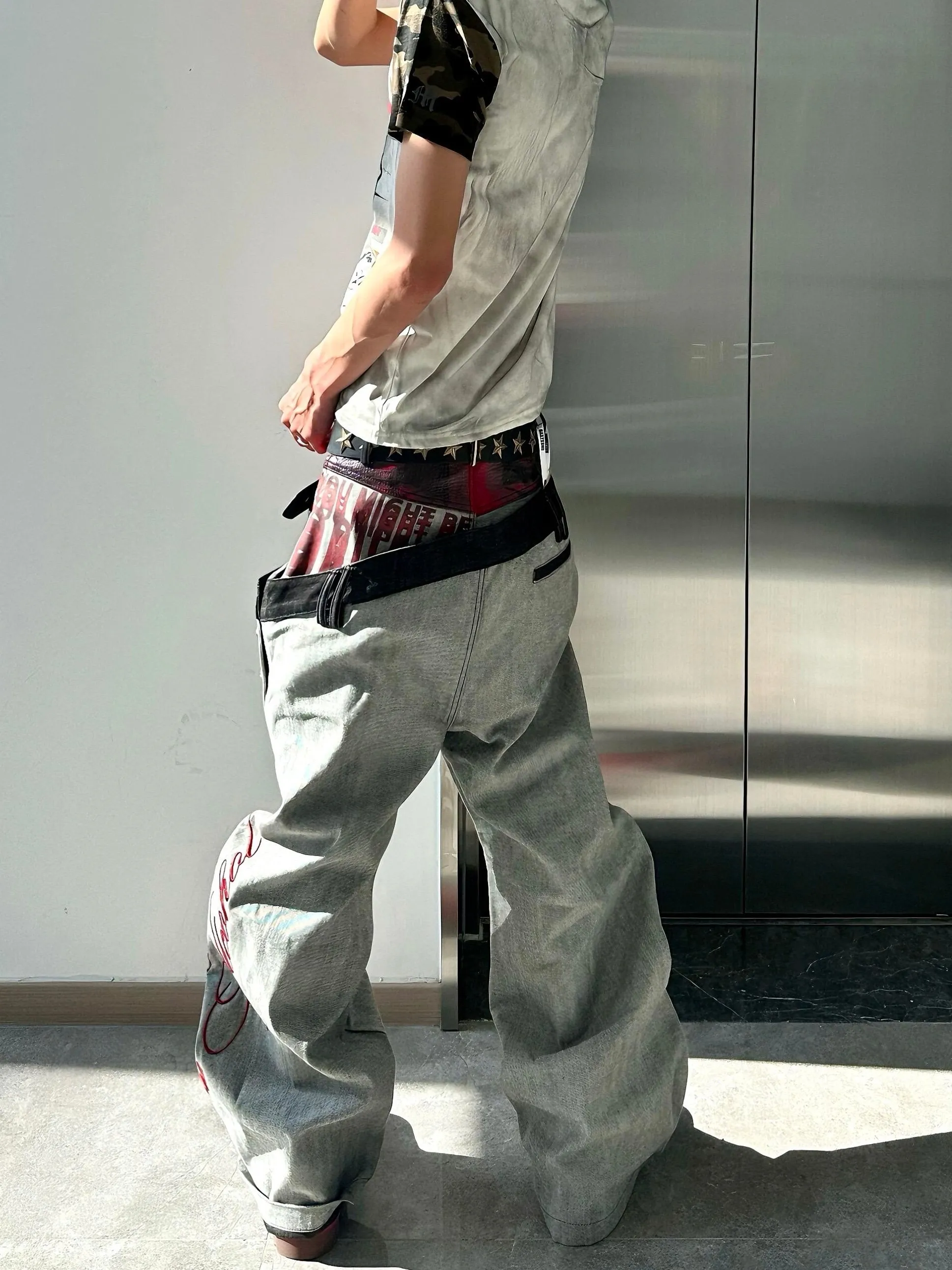 American Retro Men's Wide Leg Jeans Double Waist Knife  Loose Fit Straight Leg Long Trousers Street Style Casual Jeans
