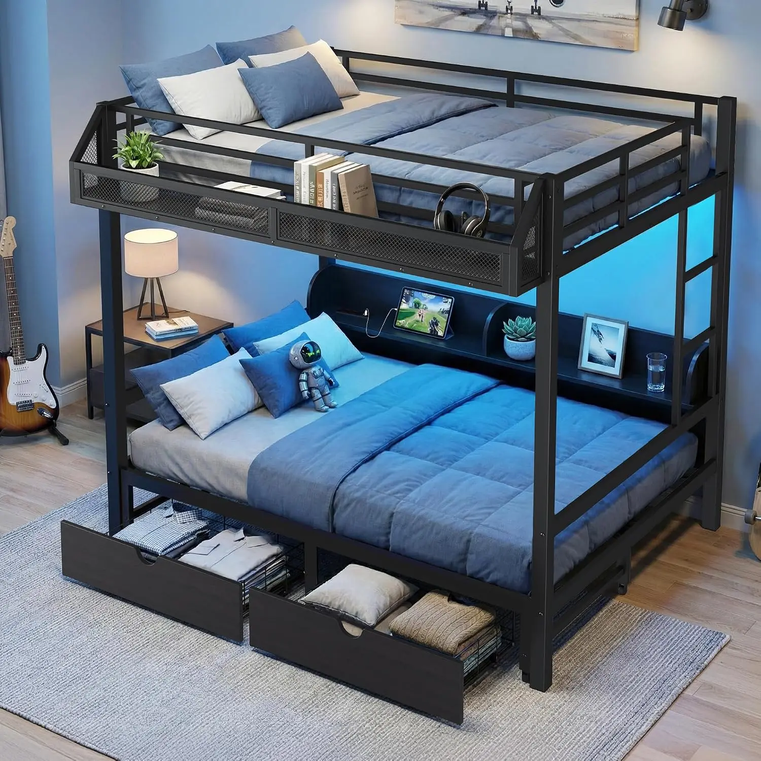 Heavy-Duty Metal Queen Over Queen Bunk Bed with Storage for Adults Teens, Customized