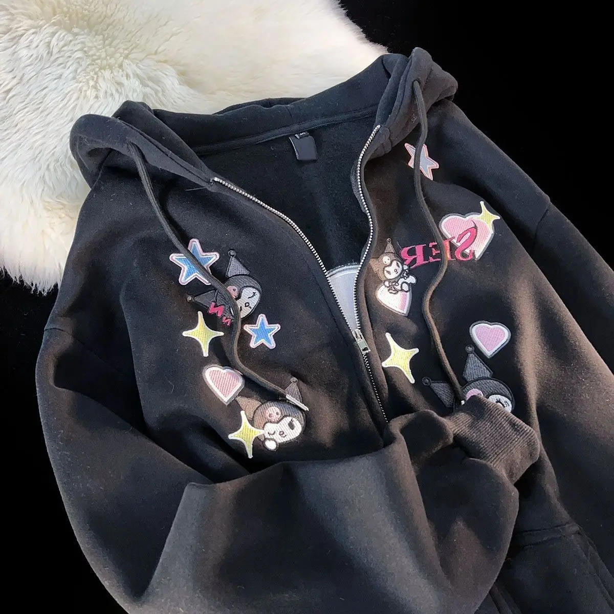 Sanrio Kuromi Love Hooded Sweatshirt for Women High-looking Fashionable Oversize Loose Zipper Cardigan Jacket Holiday Gift