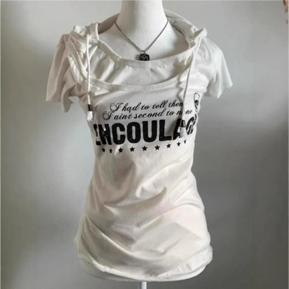 Goth Y2k American Vintage Hooded Short Sleeved Fake Two-piece T-shirt Grunge Girl Cut Top Women's Summer Shirts for Women Trendy