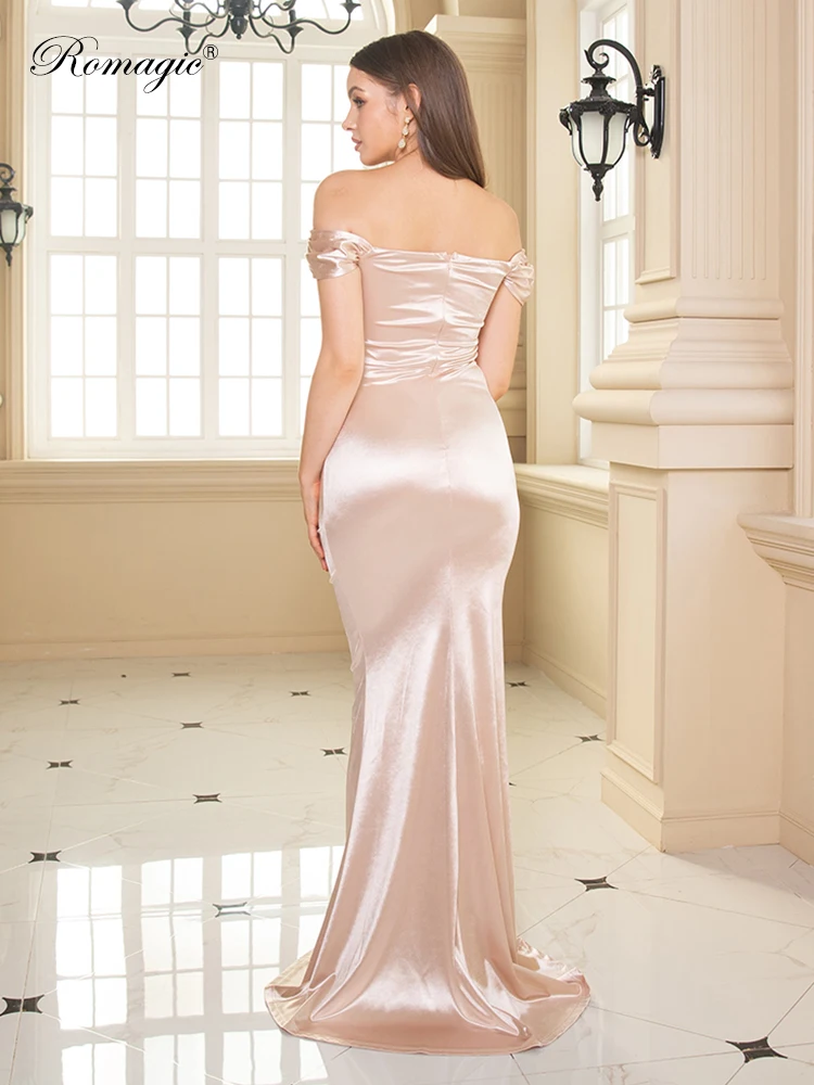 Solid Slash Neck Bridesmaids Dress Ivory Off the Shoulder Pleated Sleeveless Sexy Slit  Evening Party Long Gown Spring