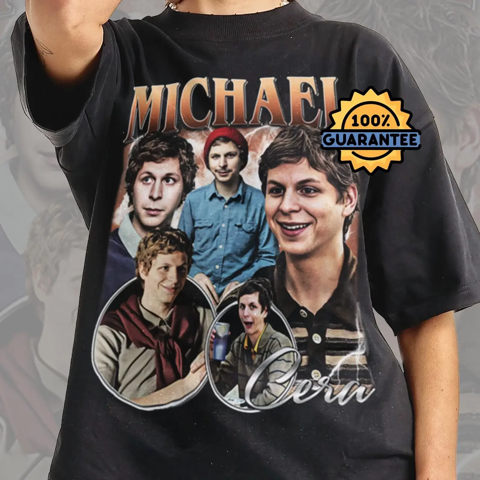 Camiseta Michael Cera com gola redonda, vintage, lavada, versátil, elástica, roupa de designer masculina, streetwear, elegante, casual, moda.