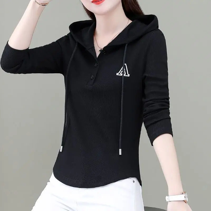 2023 Spring and Summer Hooded Slim Long Sleeve Korean Version Spliced Pockets Solid Color Zipper Commute Fashion Causal T-shirt