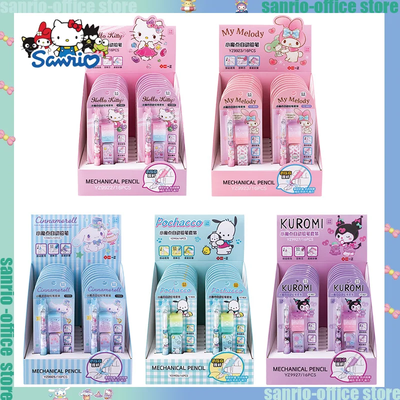 16pcs Sanrio School Supplies Stationery 0.5mm Automatic Pencil Set With Rubber Cartoon Kuromi Melody Student Active Pencil Lead