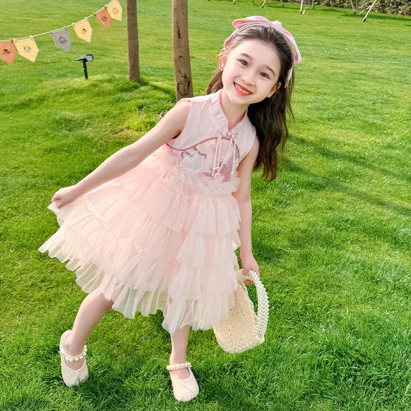 Chinese Style Sleeveless Cake Summer Little Girl's Sweet Princess Fluffy Gauze Dress, Vest Skirt