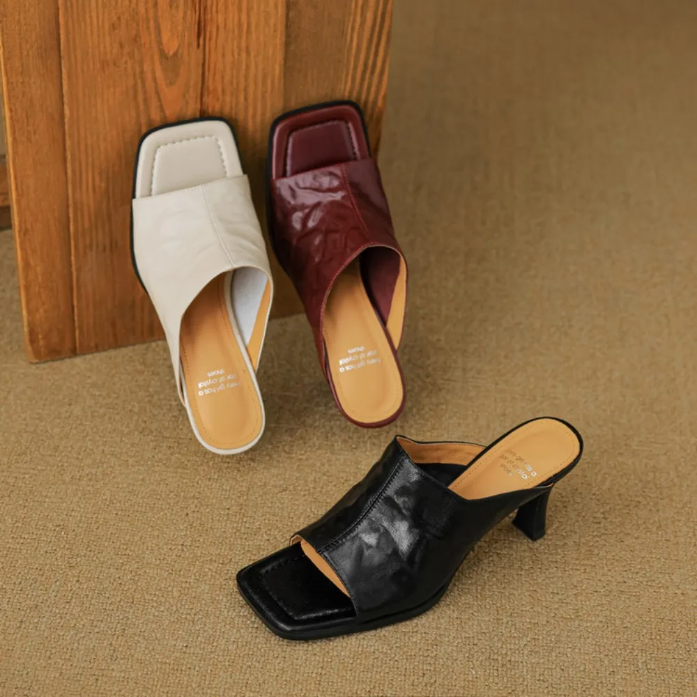 2026  Women's Sheepskin Thin High Heel Sandals Summer Classic Open Toe Slides