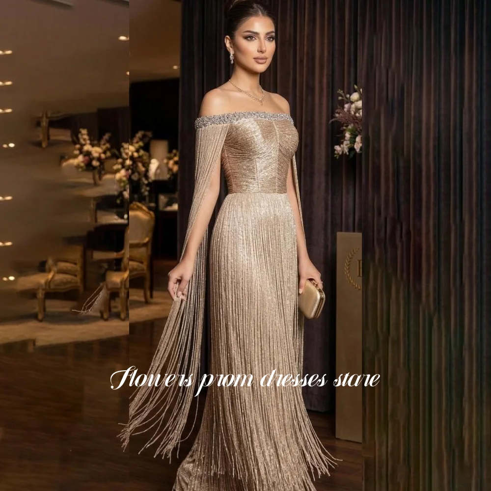 Flowers Champagne Prom Dress Tassels Party Dress Beading Crystal Stone Luxury Evening Gala Dress Formal Princess Gown Customized image 3