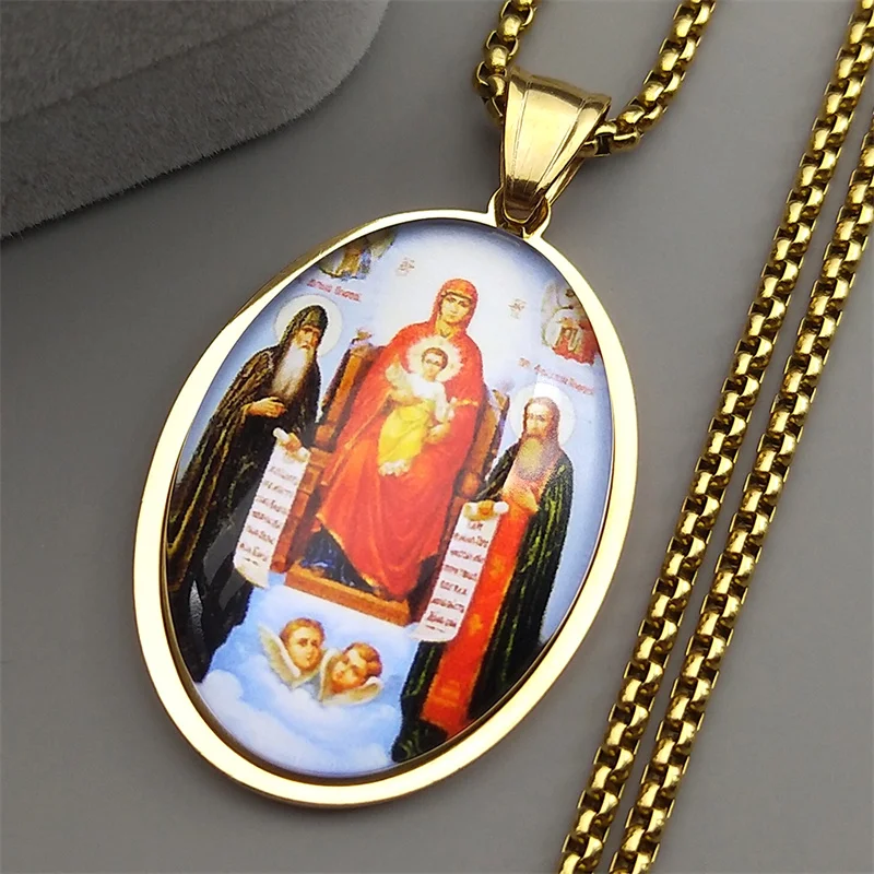 Collar con colgante de medalla ovalada de cristal de la Virgen María bebé Jesús para mujeres y hombres, joyería de cadena de santo católico de Color dorado de acero inoxidable