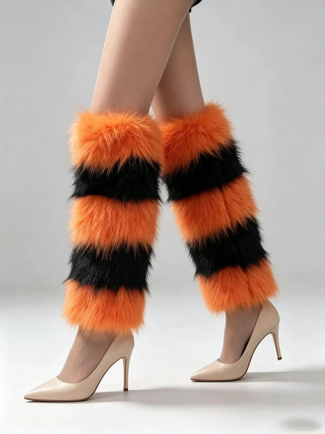 Y2K Women Black Orange Striped Faux Fur Leg Warmers Color Boot Cuffs Halloween Rave Party Accessories Cosplay