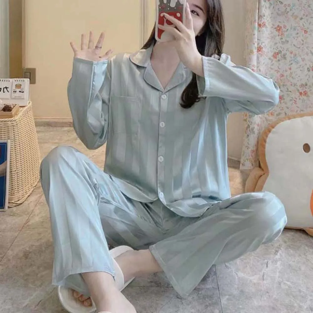 Thin Clothing Solid Women Pajamas Set Simplicity Stripe Pattern Korean Style Sleepwear INS Ice Silk Long Sleeve Nightwear Home