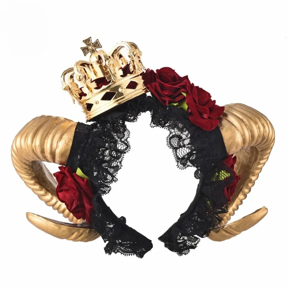 Halloween Sheep Horn Hair Hoop with Flower Evil Queen Hair Band Cosplay Cosplay Hair Hoop Costume Witch Headpiece Accessory