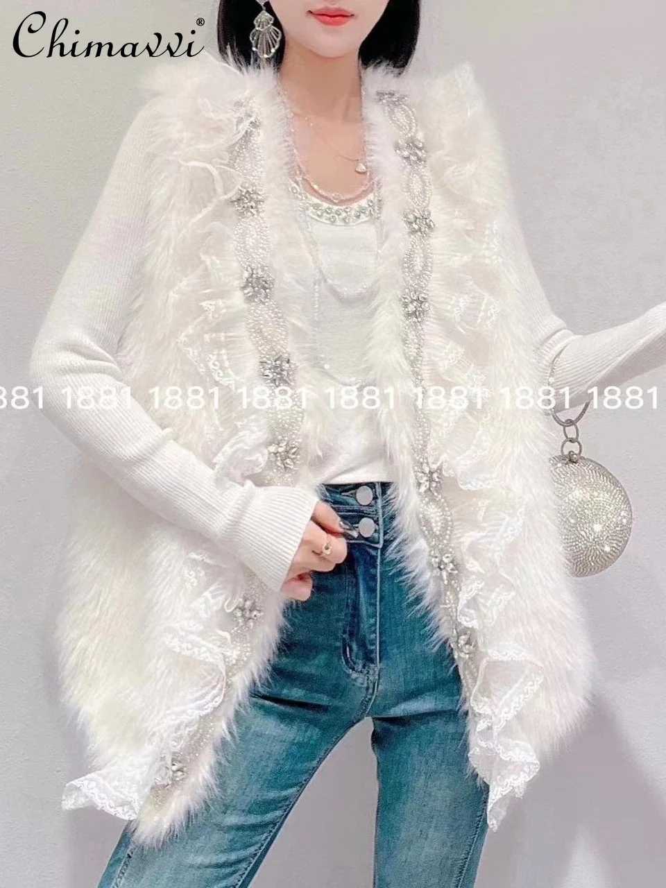 

Women's Plush Vest Autumn and Winter New Korean Style Sweet Heavy Industry Luxury Rhinestone Plush Elegant Lady Vests Coat