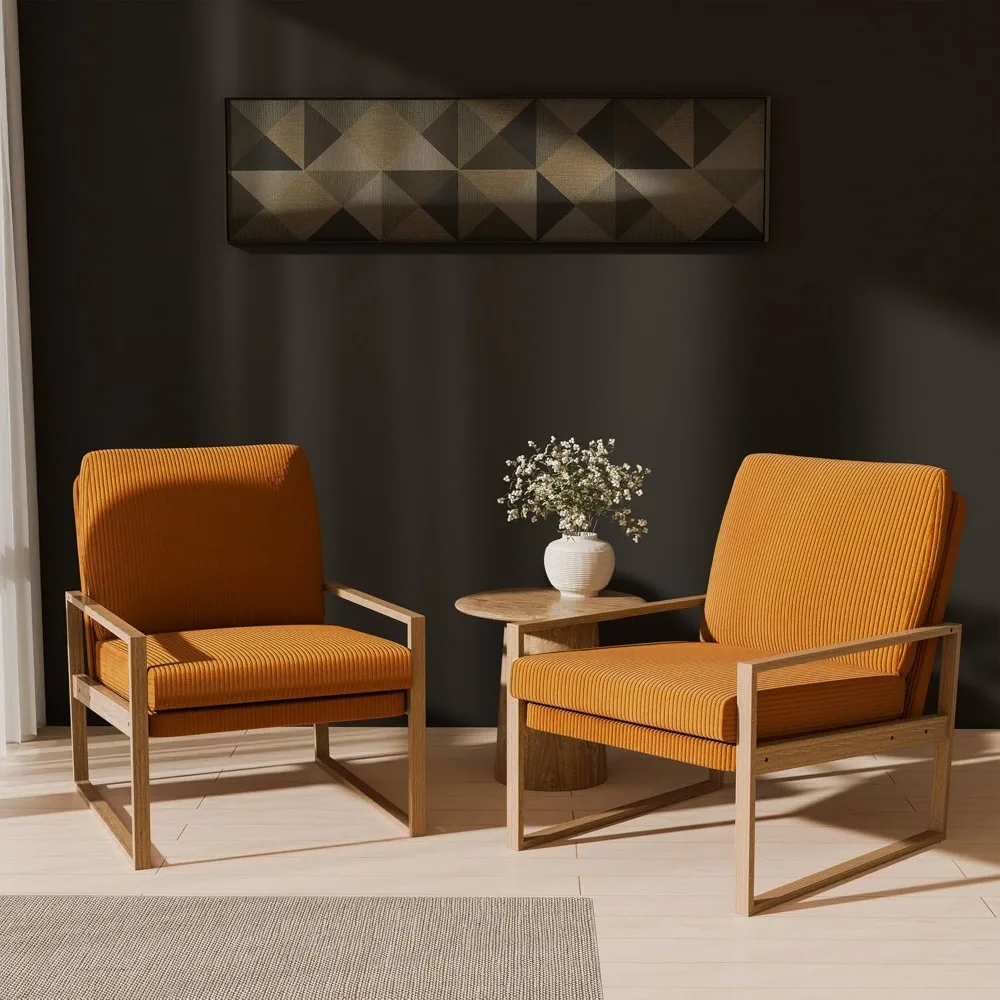 Juego de 2 sillas modernas con acento amarillo mostaza, sillón tapizado de pana de mediados de siglo, sillón con estructura de madera para Li