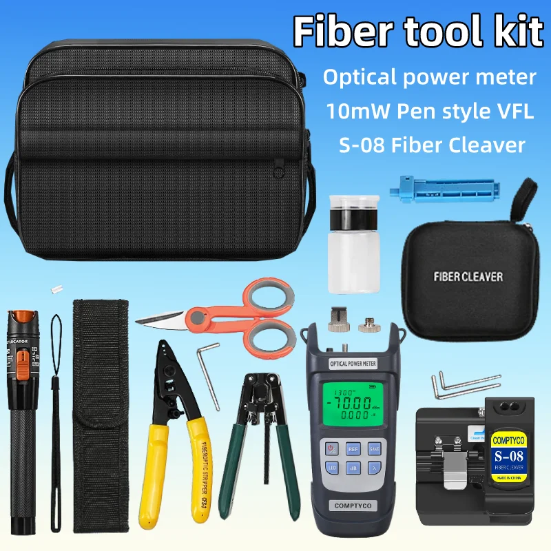 

FTTH Fiber Optic Tool Kit With S-08 Fiber Cleaver Optical Power Meter Fiber Stripper Aramid Scissors 10mw Visual Fault Locator