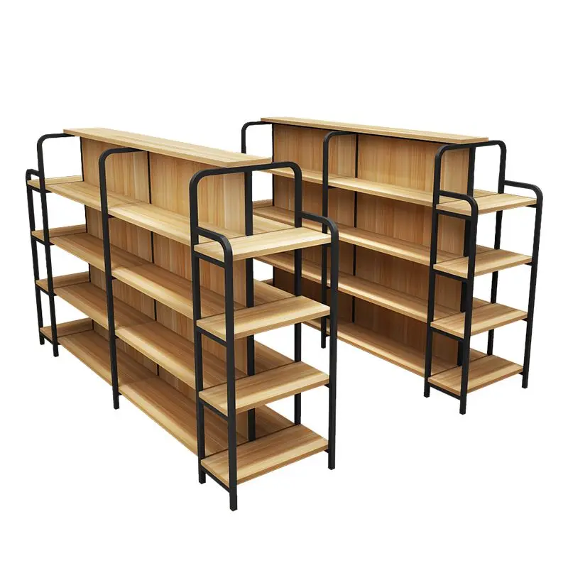 Custom Heavy Duty Double Sided, Supermarket Steel Wood Shelves, Retail Display Gondola Shelving Rack