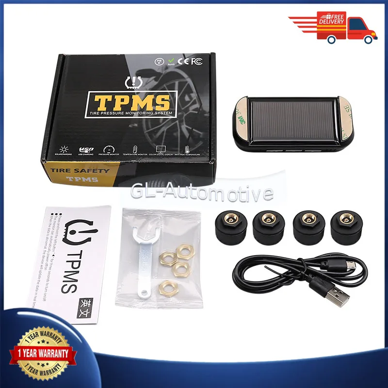 Solar Car TPMS Sensor Tire Pressure Monitoring System Temperature Warning Fuel Save With 4 External Sensors