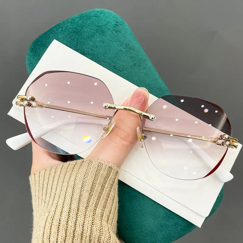 

High Quality Frameless Cutting Edge Anti-Blue Light Reading Glasses Women New Style Fashion Trendy Colored Lenses Sunglasses