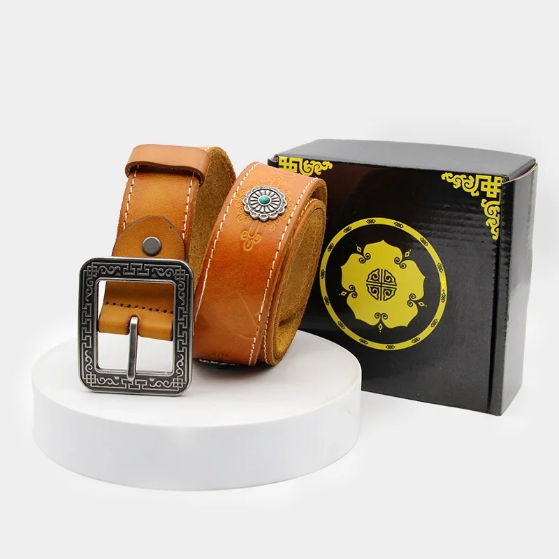 モンゴル民族風本牛革ベルト-メンズ-シングルサークルバックル-ウエストベルト-ソフト表面加工-幅38cm