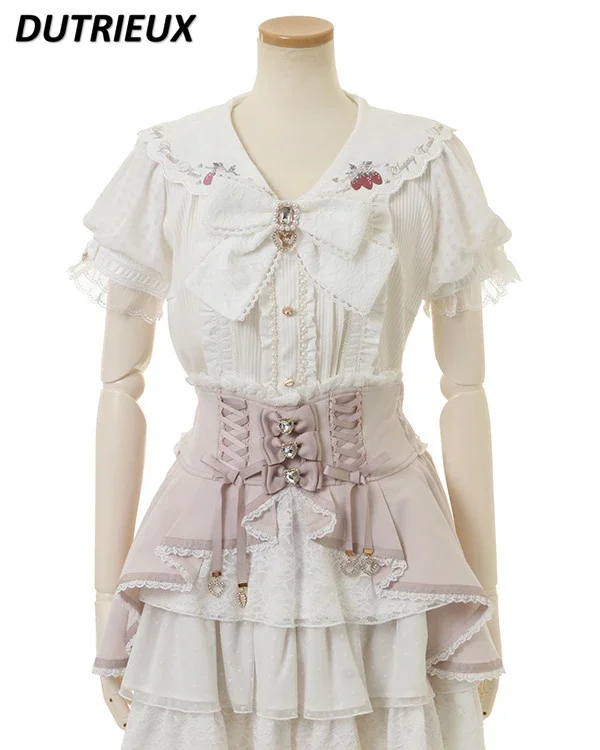 Lolita Shirts Japanese Style Women's Tops Summer New Embroidered Sailor Collar Shirts Sweet Cute Bowknot Short Sleeve Blouse