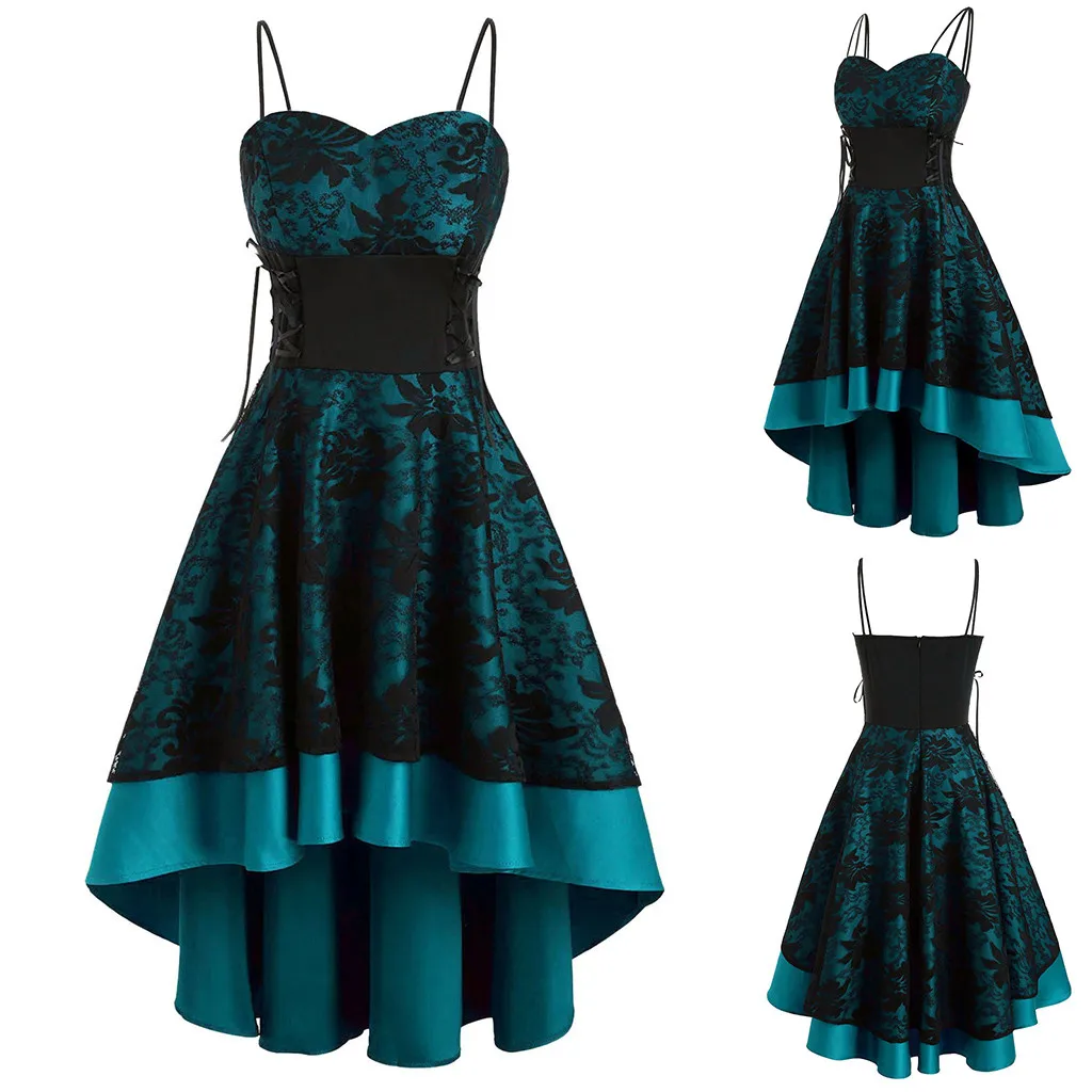 Gothic Spaghetti Strap Dress Women Vintage Bandage Lace Up High Low Tunic Dress Halloween Party Cosplay Outfits Slim Vestidos