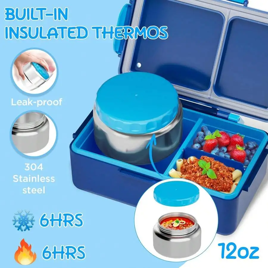 Kids Bento Lunch Box – 12 Oz Stainless‑Steel Soup Thermo & 3‑Compartment Leak‑Proof Food Container With Built‑In Ice Pack, Insul