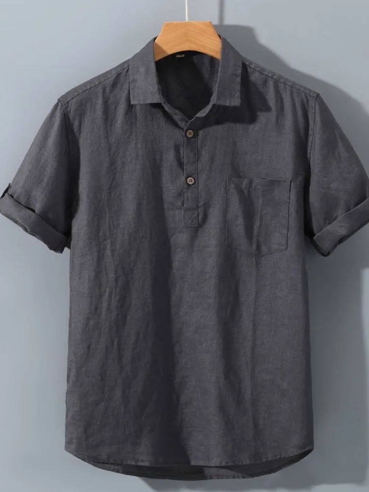 

Ретро-японская льняная рубашка с коротким рукавом для мужчин, летняя, однотонная, дышащая, повседневная, из тонкого хлопка и льна, модная