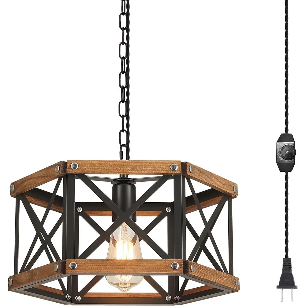 

Adjustable Chain Pendant Light with Dimmable Switch, 14.5 Oak Wood and Metal Cage, Suitable for Kitchen Island Dining Room, Blac