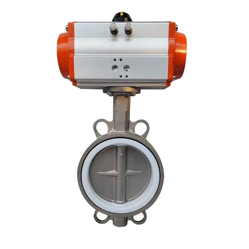 High quality D671F-16P Stainless Steel Wafer type Pneumatic PTFE Butterfly Valve DN150 DN200