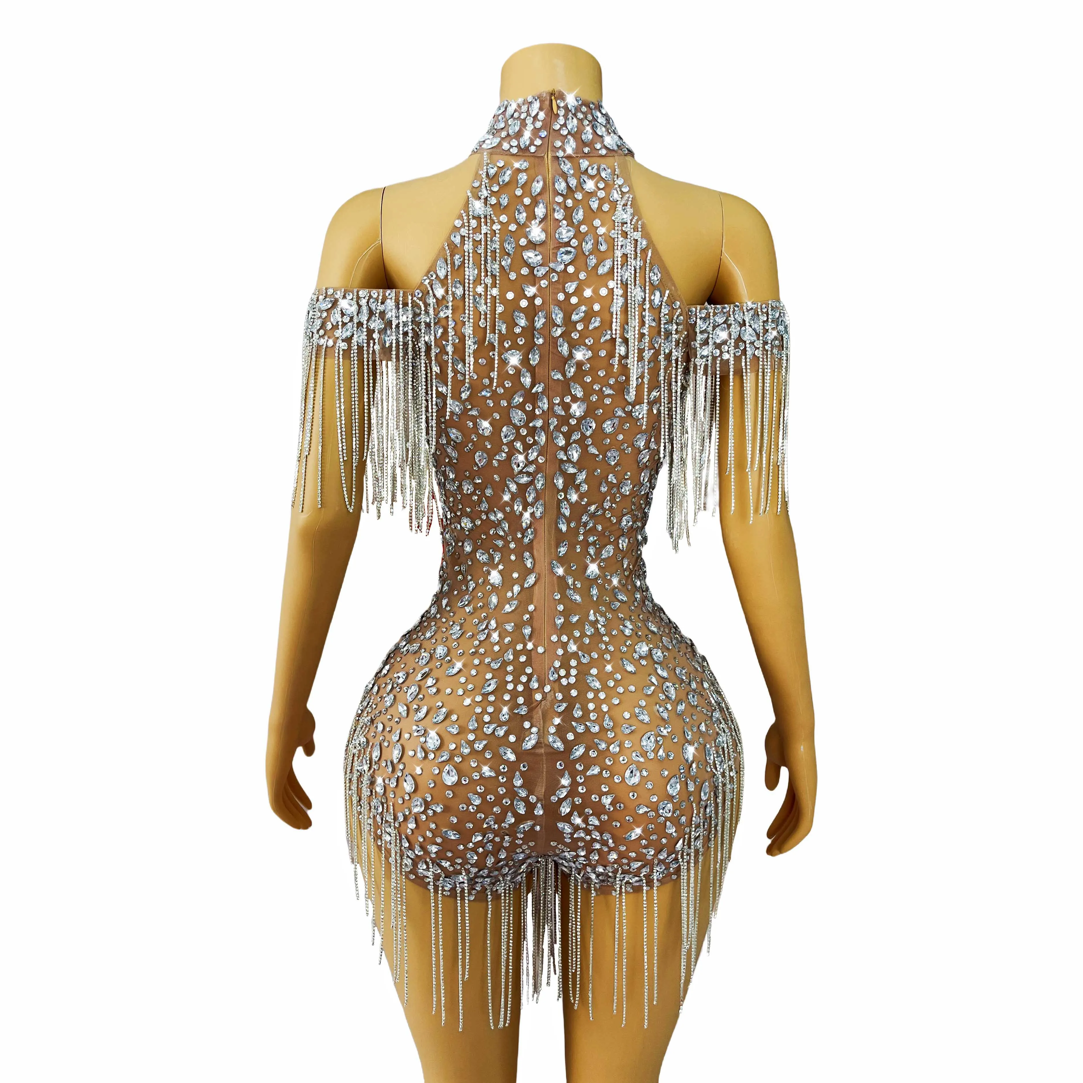 Costume de spectacle pour filles, tenue de fête de luxe, strass brillants, chaîne de cristaux, épaules dénudées, fourchettes hautes, pour femmes, fête, chanteur, danse
