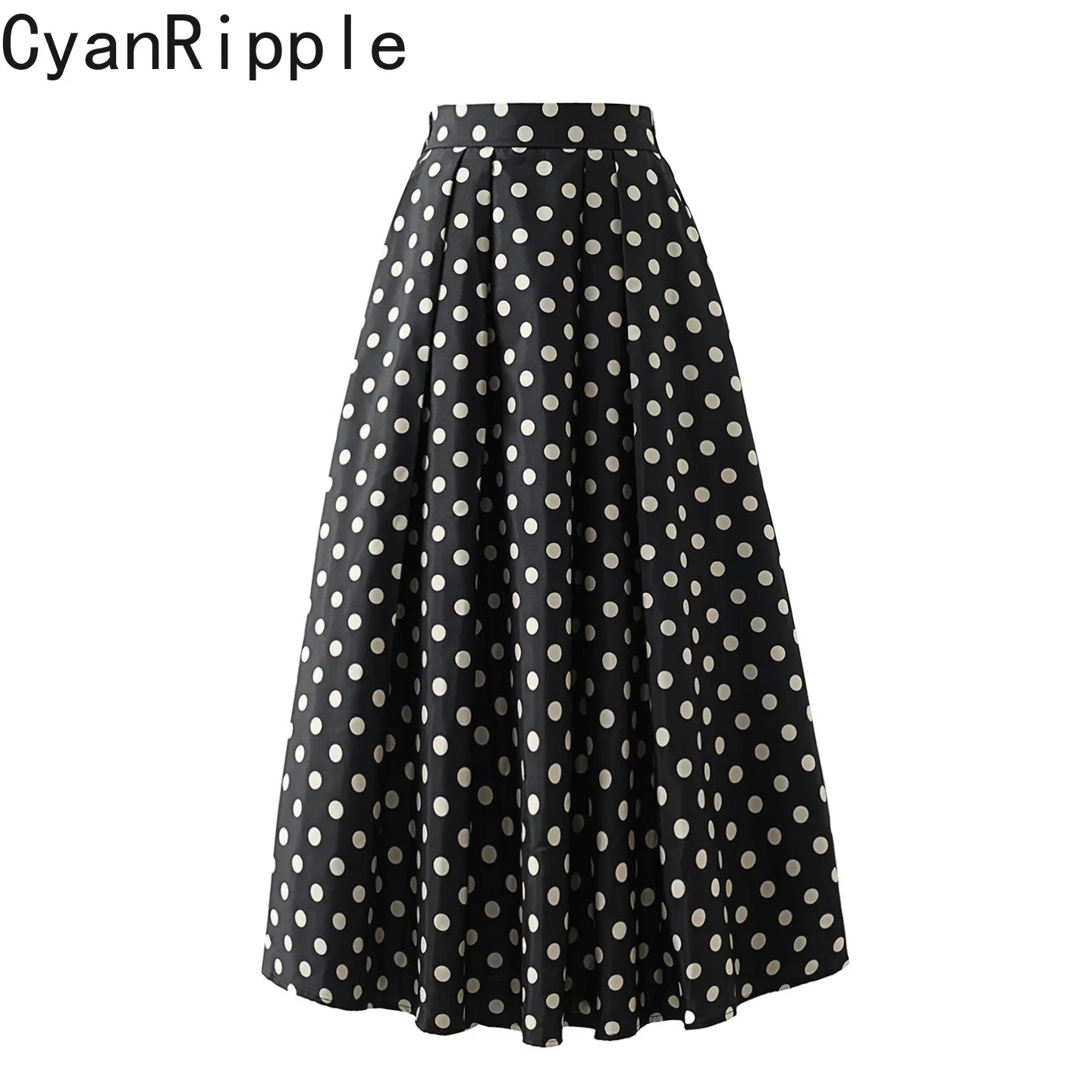 High Quality New Autumn Vintage Black Polka Dot Elastic High Waist Women A-line Skirt Elegant Mid-long Hepburn Umbrella Skirts