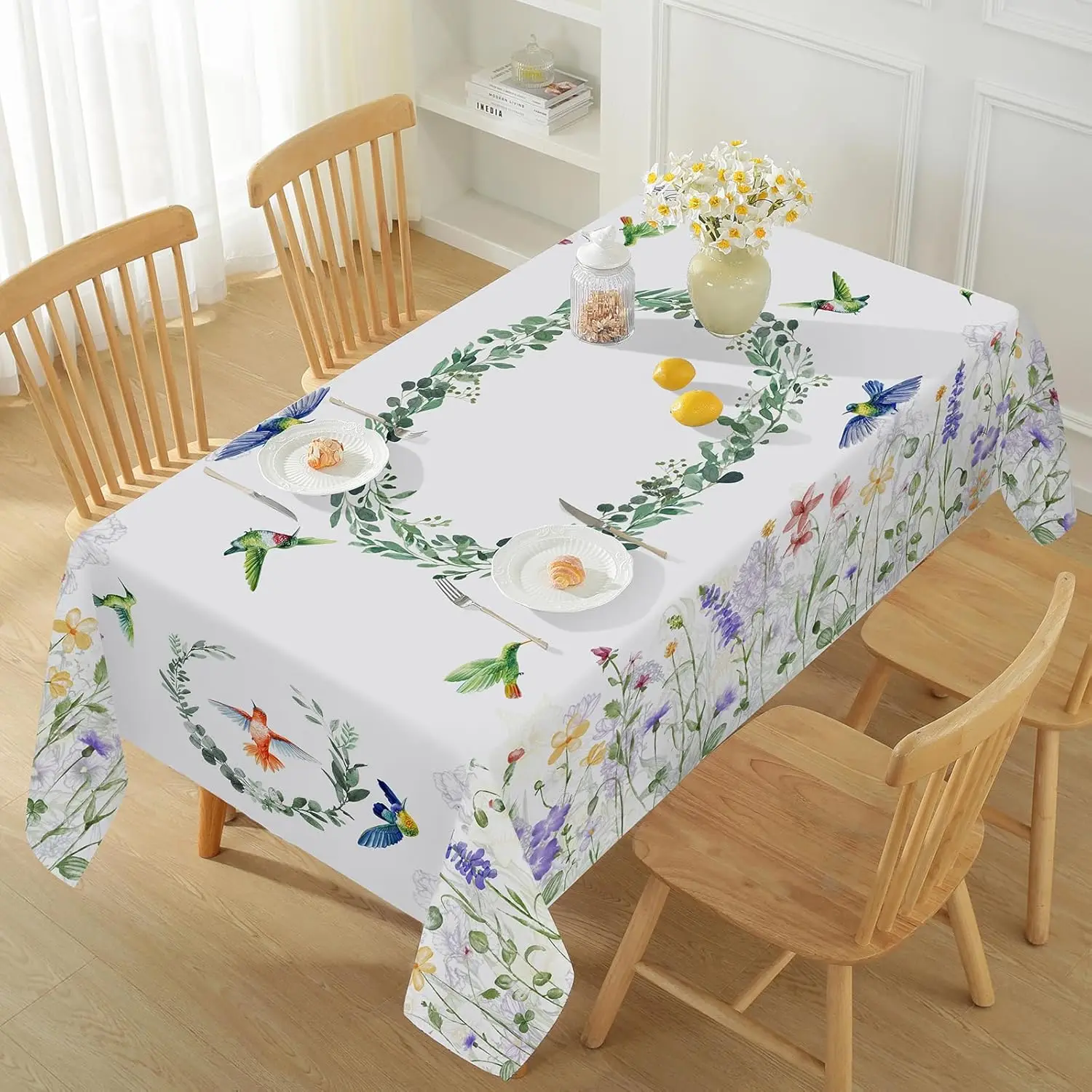 Watercolor Wild Flowers Birds Rectangle Tablecloth Wedding Party Decor Summer Lavender Eucalyptus Leaves Table Cloth Table Decor