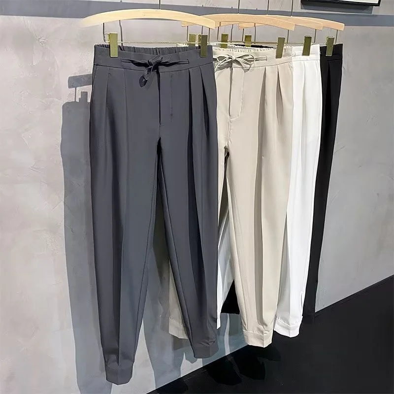 

Spring Summer Casual Pants Mens Stretch Korean Slim Fit Drawstring Elastic Waist Business Classic Trousers Male Thin pants A09