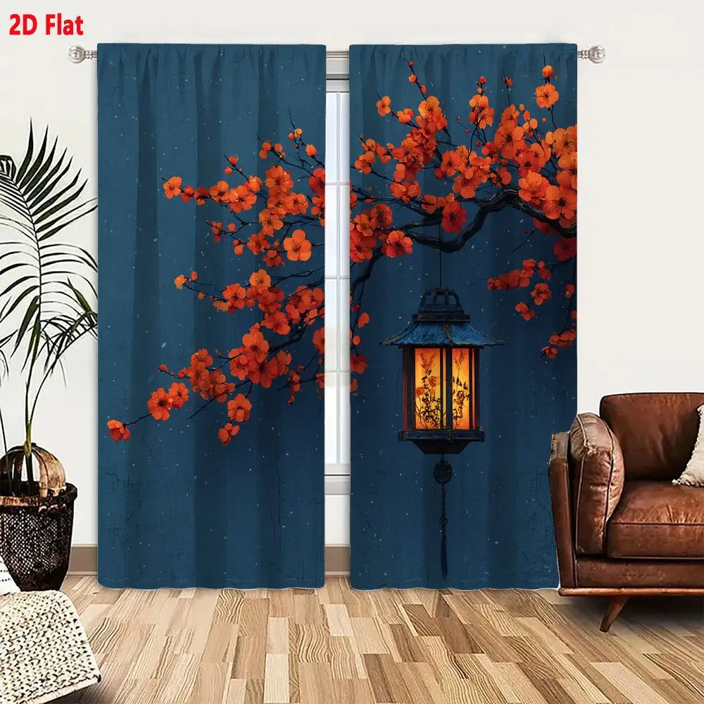 2Pcs Curtain Plum Blossom Branch And Lantern Window Drapes For Bedroom Living Room Decoration Window Treatment.