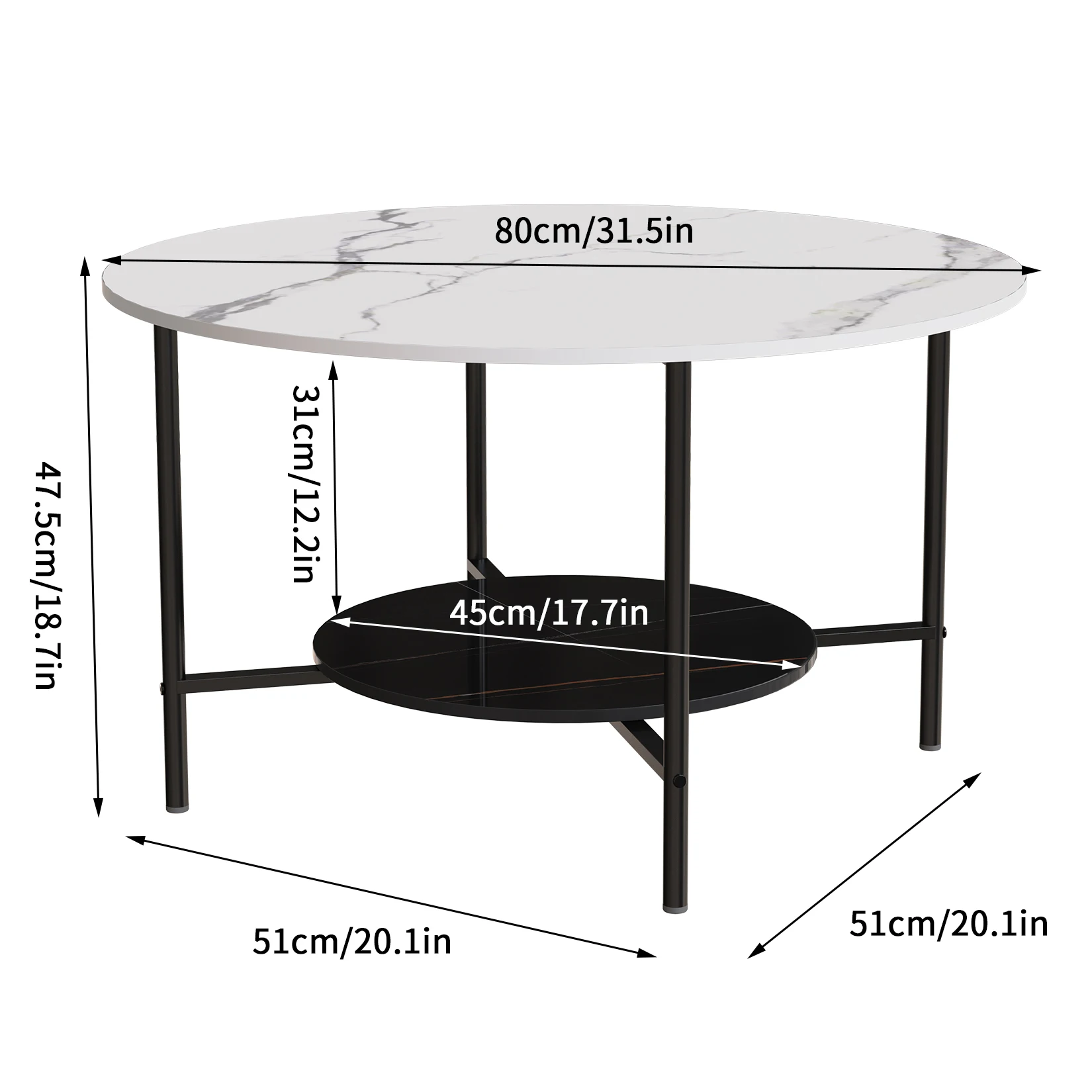 2 Tier Round Coffee Table Modern High End Sintered Stone Desk Home Furniture Table Metal Frame for Living Room, Bedroom