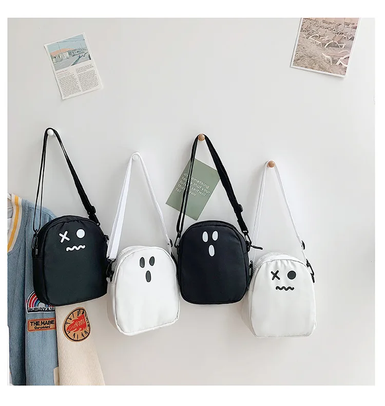 Nero Bianco Divertente Simpatico Fantasma Kawaii Borsa di tela da donna Cartoon Harajuku Chic Ins Shopper Bag Borse a tracolla da donna di grande capacità