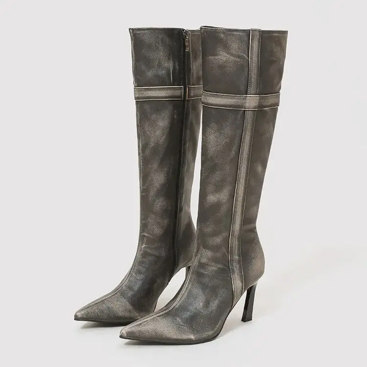 

Байкерские сапоги с высоким берцем в стиле ретро, утягивающие бедра, Botines Femininas, ботфорты выше колена с острым носком на шпильке