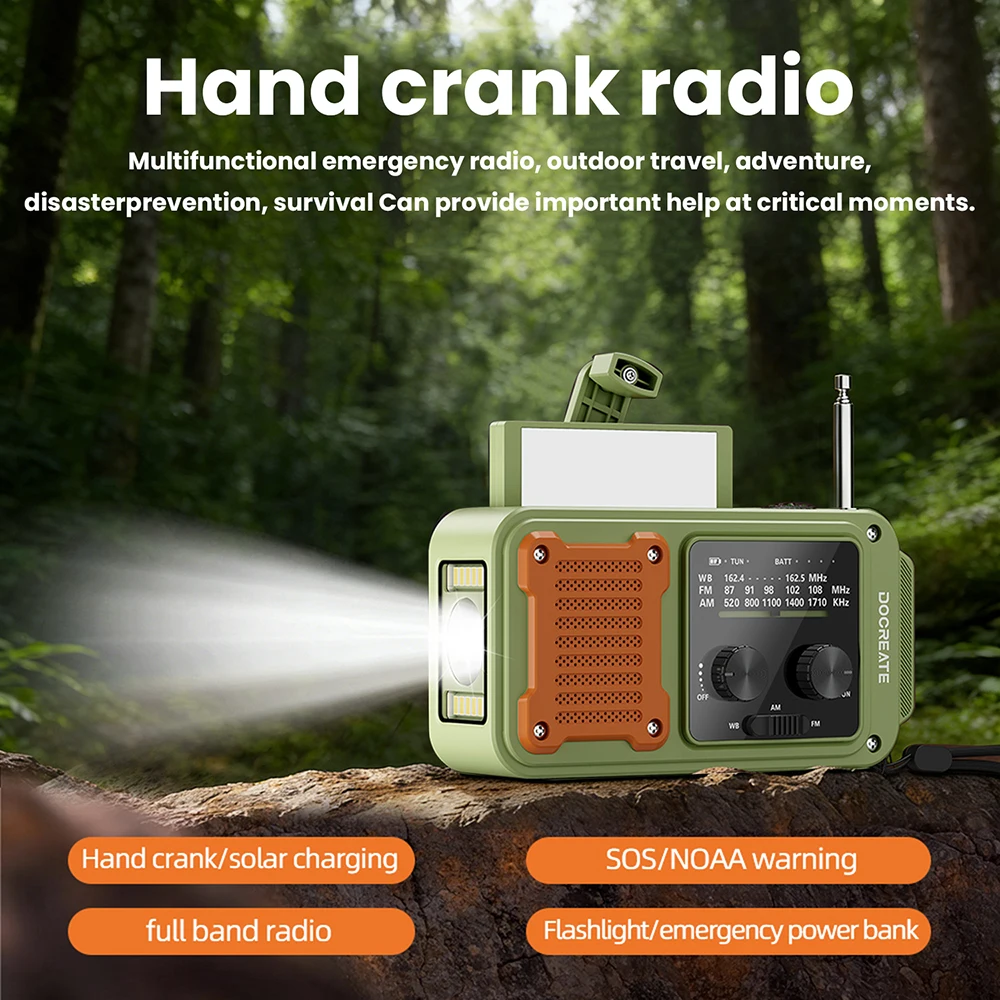 Portable Full Band Emergency Radio AM/FM/WB,7 in 1 with 2000mAh Battery,Hand Crank Solar Type-C Charging,Flashlight SOS