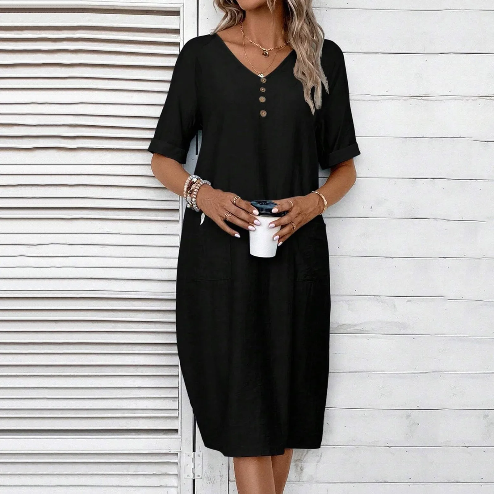 

Dresses For Women 2024 Casual V Neck Solid Color Pullover Dress Comfortable Loose Button Down Dress Fashion Summer Dresses 2024