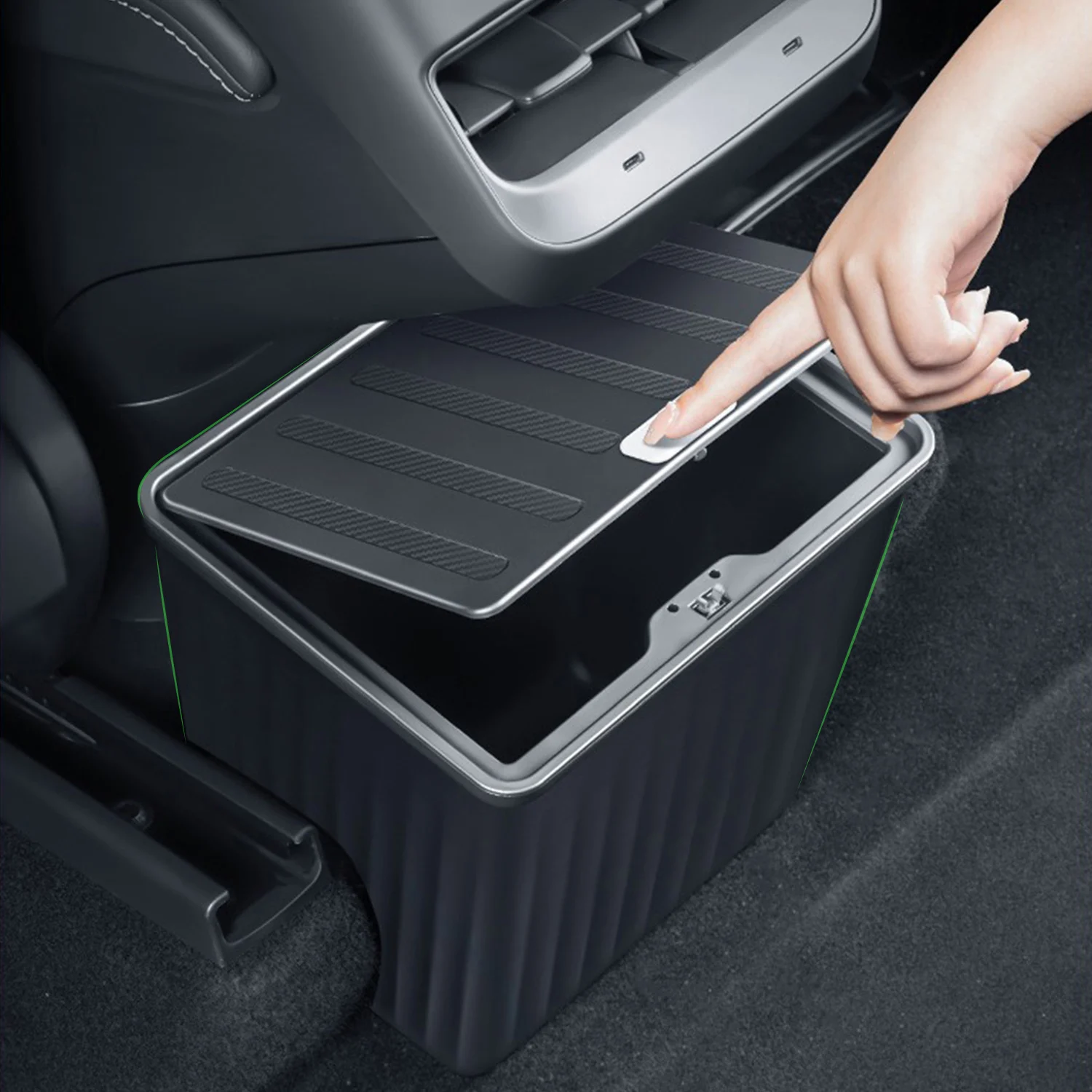 Cubo de basura tipo prensa para asiento trasero, organizador de ABS para puerta delantera, con botón, para Tesla Model Y 2021-2024