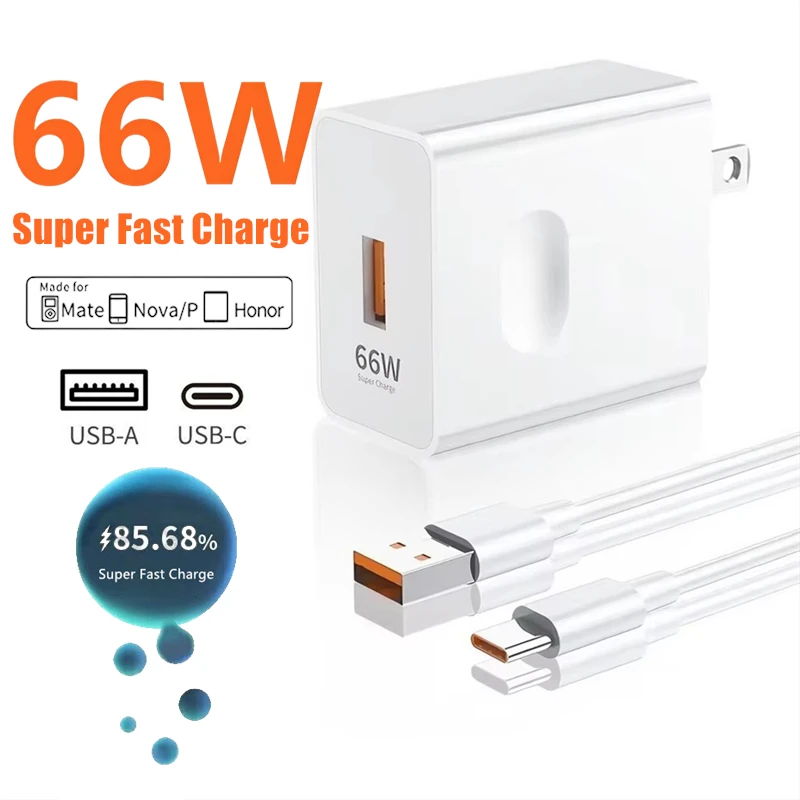 

US Plug 66W Super Fast Charger For Huawei Mate 40 50 60 P50 P60 Nova 12 Honor 200 Magic 4 5 Pro 6A Type C USB Quick Charge Cable