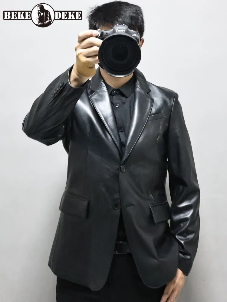Spring Fashion Mens Business Work Slim Fit Real Sheepskin Blazer Suit Coat Office Casual Single Breasted Genuine Leather Jacket
