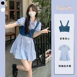 2023 Summer Dress Set Korean Fashion Shirt Dress Denim Tank Tops 2pcs Set Sweet Bubble Sleeve Cute Mini Skirt Y2k Dress