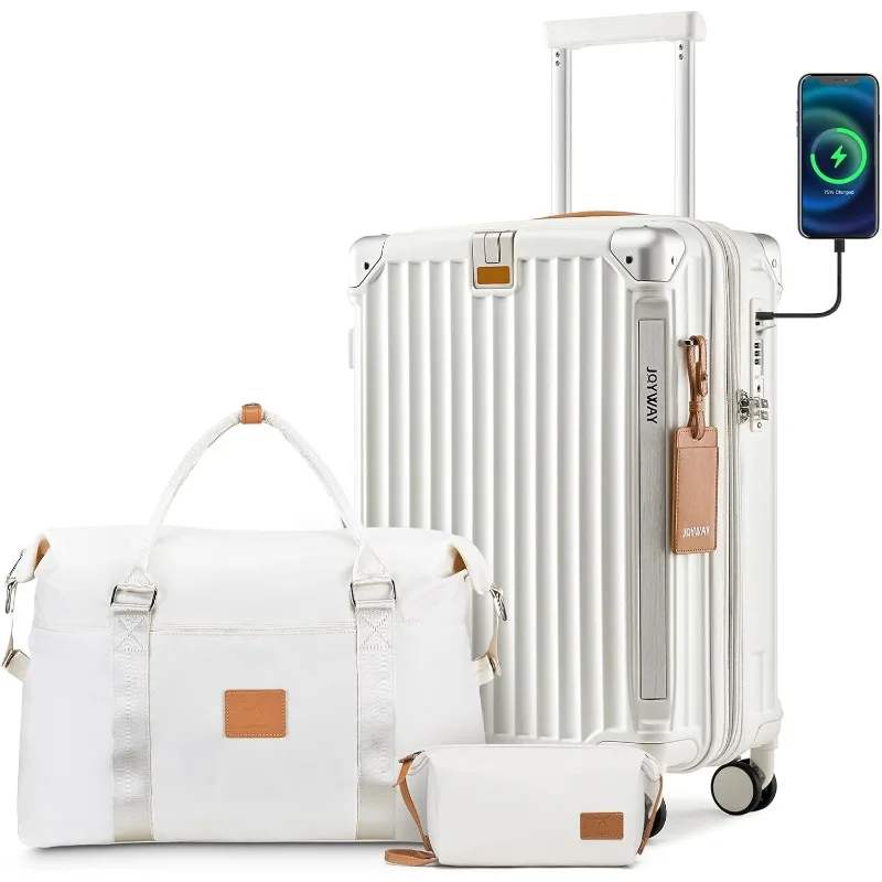 

20in Carry On Luggage with Cup Holder and USB Port, 20% Expandable Capacity, Smart Suitcase with Anti Slip Wheels and Handbag