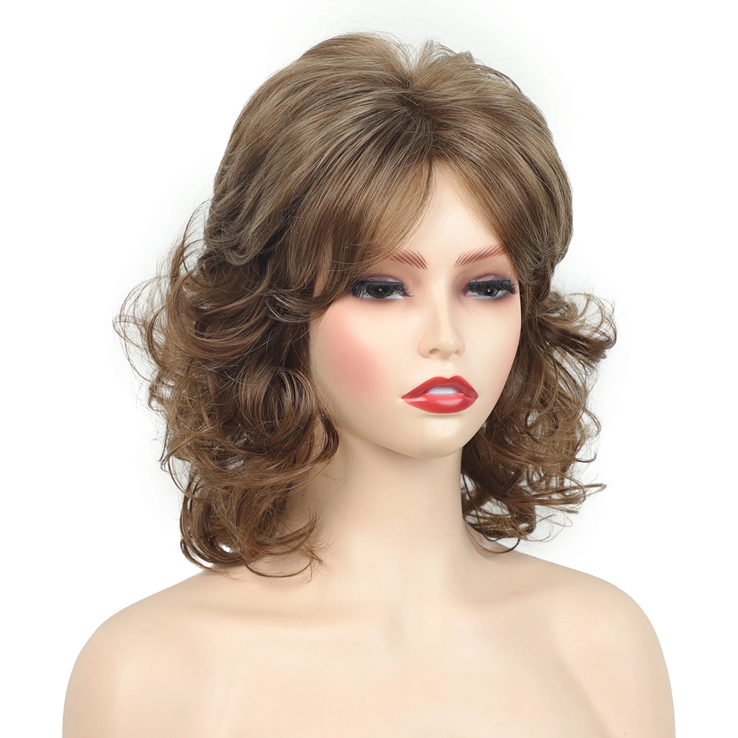 Soft & Healthy Mommy Short Synthetic Curly Hair Shoulder Length Brown Loose Wave Wig with Bangs Cute Daily Party Wig for Women