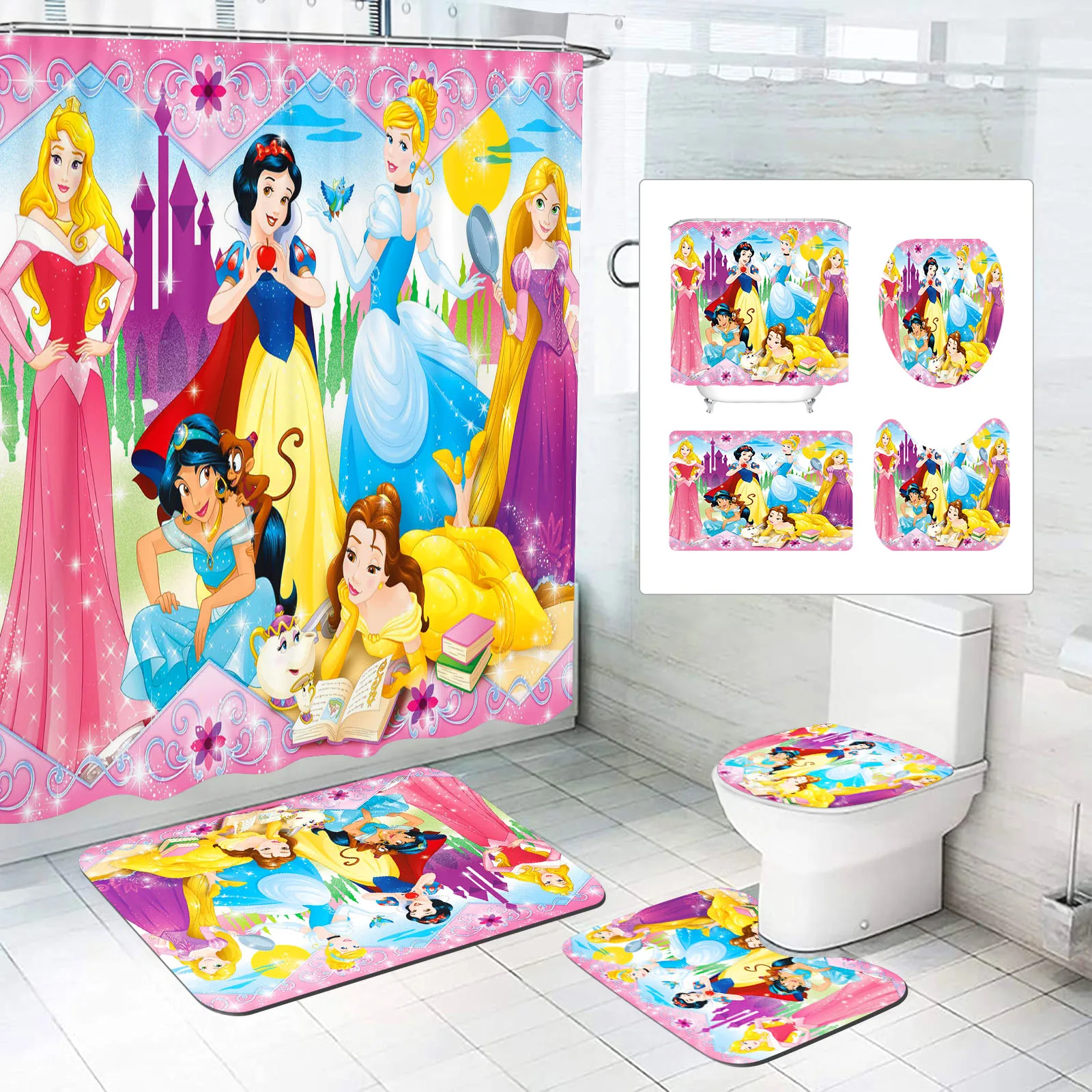 Disney-Fairytale Princess Shower Curtain, Bath Mats, Kawaii Bathroom Cartoon, Great Gift for Kids, Cute Polyester, 4 Piece Set